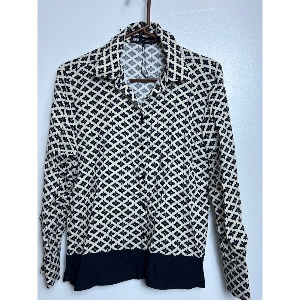 ZARA Womens Geometric Print Button Down Shirt Long Sleeve Beige Black S Business